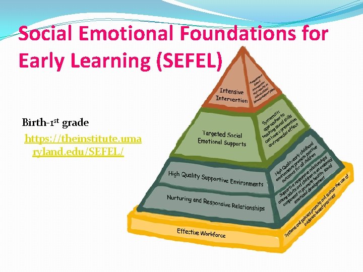 Social Emotional Foundations for Early Learning (SEFEL) Birth-1 st grade https: //theinstitute. uma ryland.