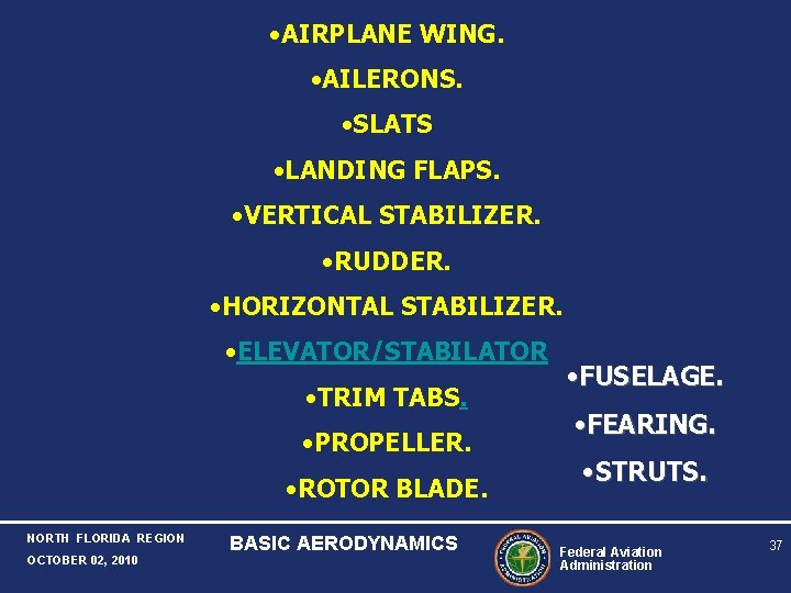  • AIRPLANE WING. • AILERONS. • SLATS • LANDING FLAPS. • VERTICAL STABILIZER.