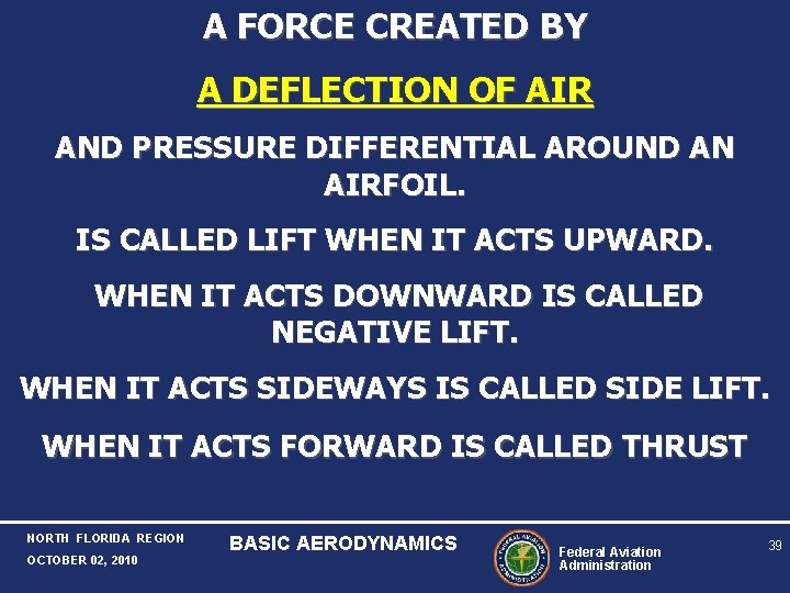 A FORCE CREATED BY A DEFLECTION OF AIR AND PRESSURE DIFFERENTIAL AROUND AN AIRFOIL. A FORCE CREATED BY A DEFLECTION OF AIR AND PRESSURE DIFFERENTIAL AROUND AN AIRFOIL.