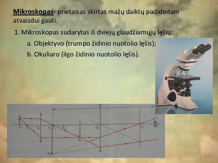 Mikroskopas- prietaisas skirtas mažų daiktų padidintam atvaizdui gauti. 1. Mikroskopas sudarytas iš dviejų glaudžiamųjų