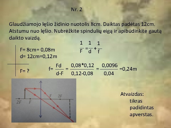 Nr. 2 Glaudžiamojo lęšio židinio nuotolis 8 cm. Daiktas padėtas 12 cm. Atstumu nuo