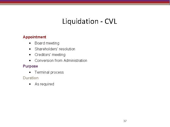 Liquidation - CVL Appointment § Board meeting § Shareholders’ resolution § Creditors’ meeting §