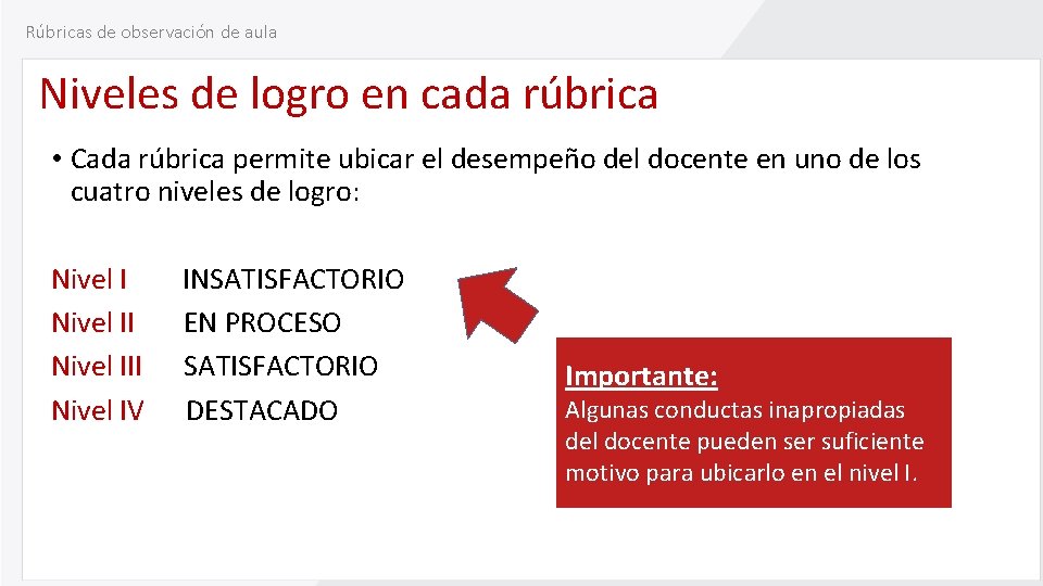Rúbricas de observación de aula Niveles de logro en cada rúbrica • Cada rúbrica