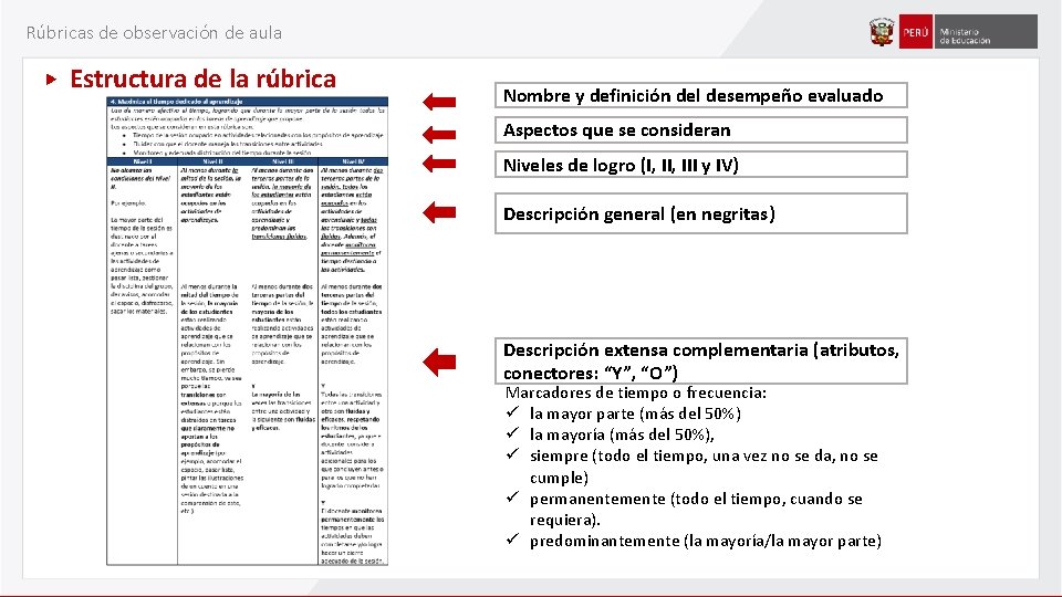 Rúbricas de observación de aula Estructura de la rúbrica Nombre y definición del desempeño