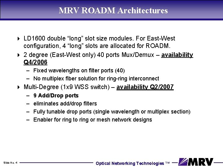 MRV ROADM Architectures 4 LD 1600 double “long” slot size modules. For East-West configuration,