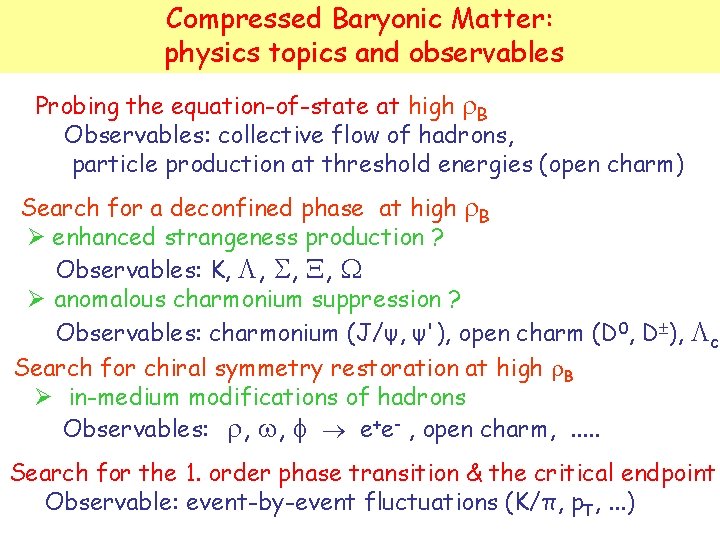 Compressed Baryonic Matter: physics topics and observables Probing the equation-of-state at high B Observables: