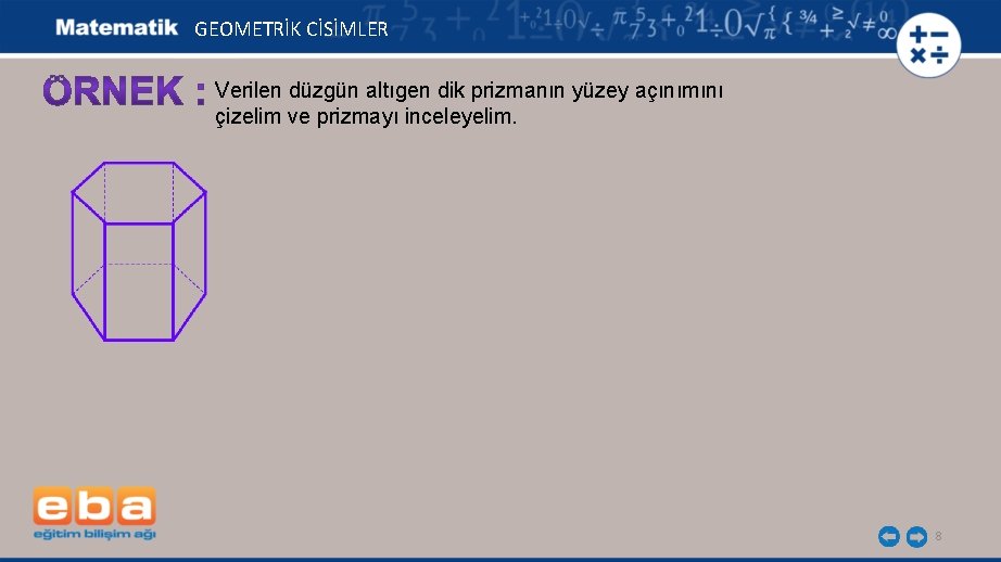 GEOMETRİK CİSİMLER Verilen düzgün altıgen dik prizmanın yüzey açınımını çizelim ve prizmayı inceleyelim. 8