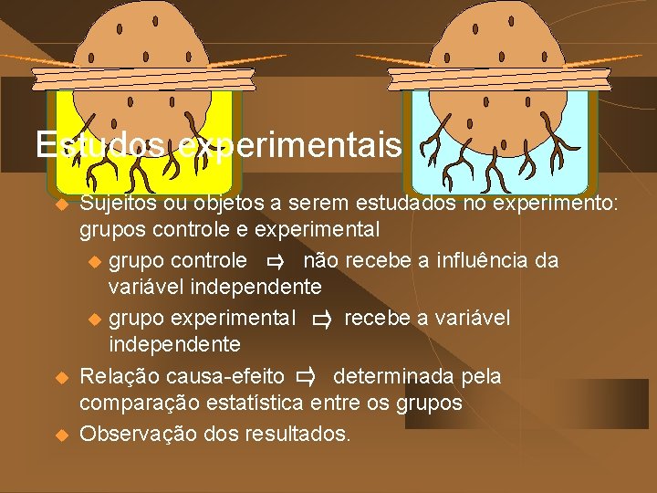 Estudos experimentais u u u Sujeitos ou objetos a serem estudados no experimento: grupos