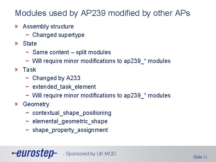 Modules used by AP 239 modified by other APs » Assembly structure − Changed