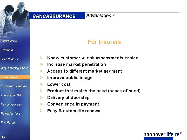 BANCASSURANCE Advantages ? For Insurers Introduction Products How to sell ? Why entering into