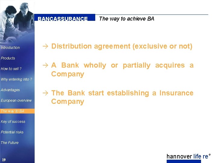 BANCASSURANCE Introduction The way to achieve BA à Distribution agreement (exclusive or not) Products