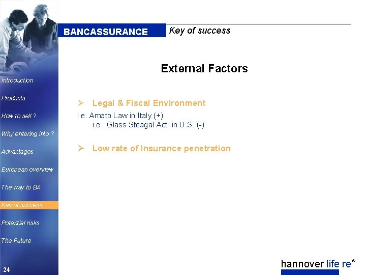 BANCASSURANCE Key of success External Factors Introduction Products How to sell ? Ø Legal