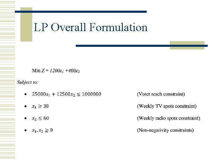 LP Overall Formulation LP Overall Formulation