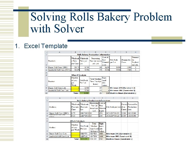 Solving Rolls Bakery Problem with Solver 1. Excel Template Solving Rolls Bakery Problem with Solver 1. Excel Template