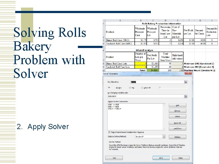 Solving Rolls Bakery Problem with Solver 2. Apply Solver Solving Rolls Bakery Problem with Solver 2. Apply Solver