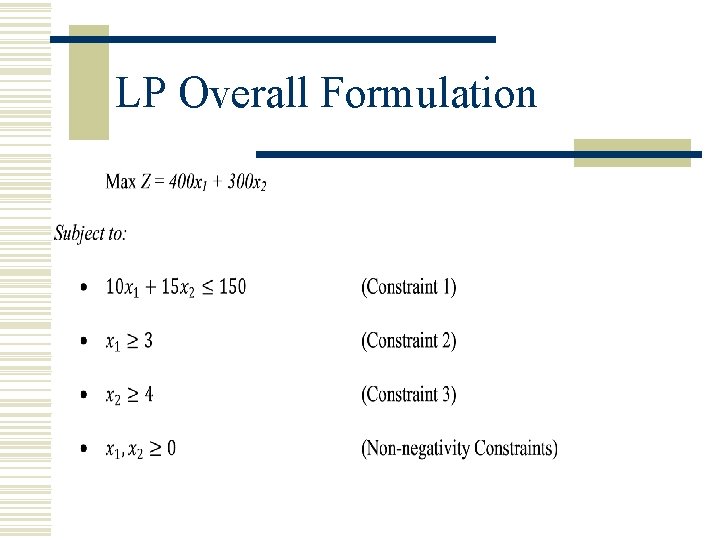 LP Overall Formulation LP Overall Formulation