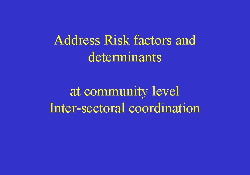 Address Risk factors and determinants at community level Inter-sectoral coordination 