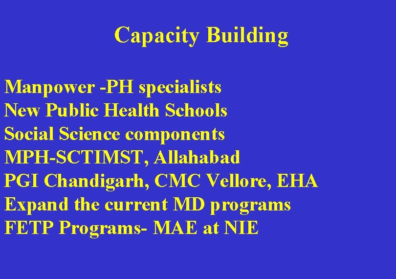 Capacity Building Manpower -PH specialists New Public Health Schools Social Science components MPH-SCTIMST, Allahabad