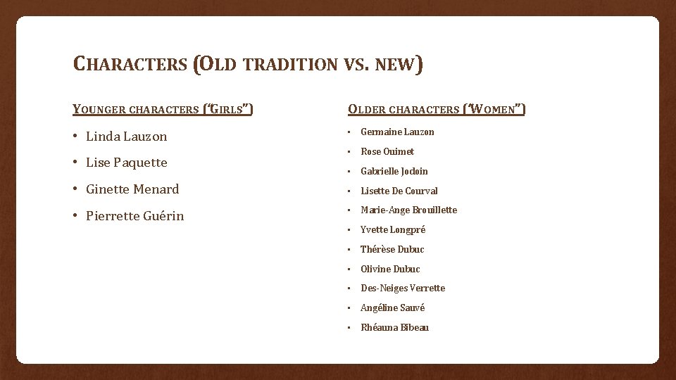 CHARACTERS (OLD TRADITION VS. NEW) YOUNGER CHARACTERS (“GIRLS”) OLDER CHARACTERS (“WOMEN”) • Linda Lauzon