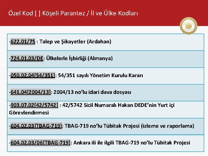 Özel Kod [ ] Köşeli Parantez / İl ve Ülke Kodları -622. 01/75 :