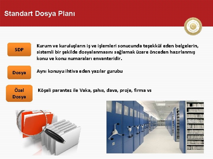 Standart Dosya Planı SDP Kurum ve kuruluşların iş ve işlemleri sonucunda teşekkül eden belgelerin,