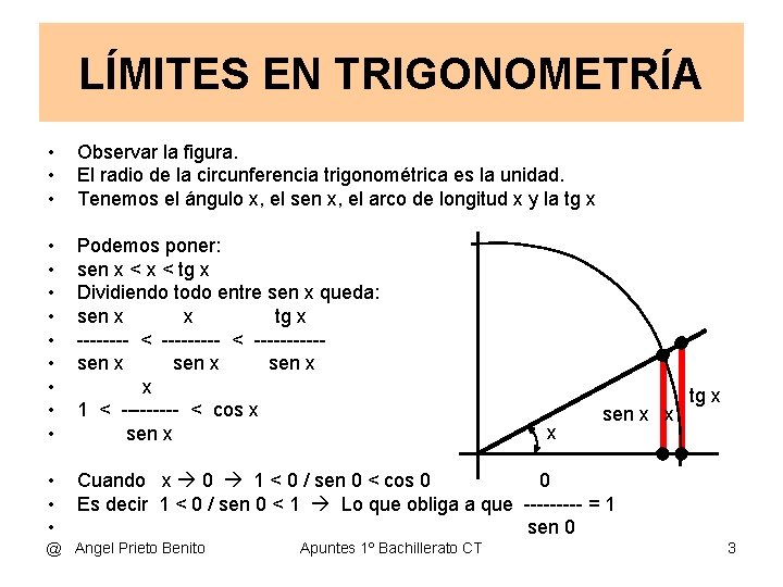 LÍMITES EN TRIGONOMETRÍA • • • Observar la figura. El radio de la circunferencia