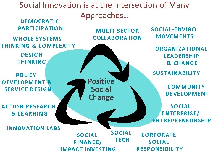 Social Innovation is at the Intersection of Many Approaches… DEMOCRATIC PARTICIPATION WHOLE SYSTEMS THINKING