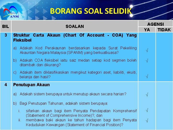 BORANG SOAL SELIDIK BIL SOALAN 3 Struktur Carta Akaun (Chart Of Account - COA)