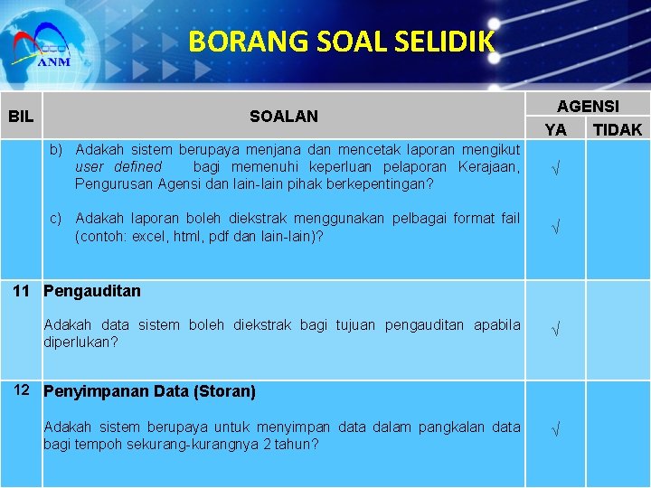 BORANG SOAL SELIDIK BIL SOALAN AGENSI YA TIDAK b) Adakah sistem berupaya menjana dan