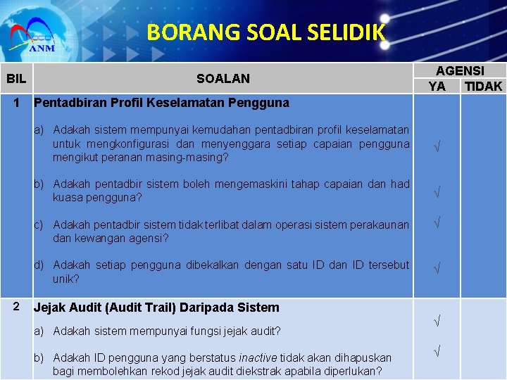 BORANG SOAL SELIDIK BIL 1 SOALAN AGENSI YA TIDAK Pentadbiran Profil Keselamatan Pengguna a)