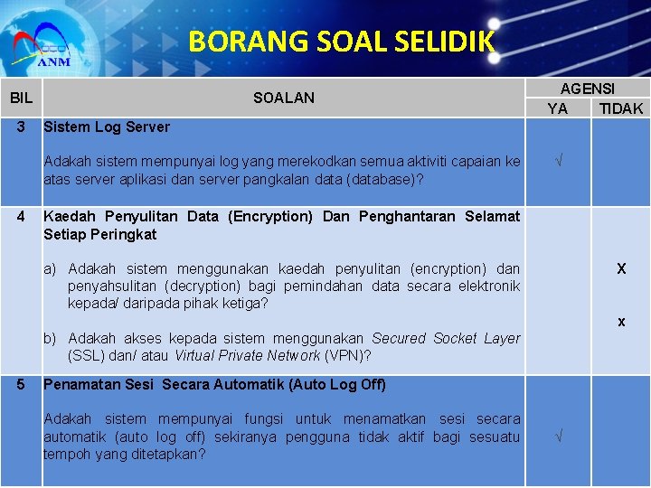 BORANG SOAL SELIDIK BIL 3 SOALAN Sistem Log Server Adakah sistem mempunyai log yang