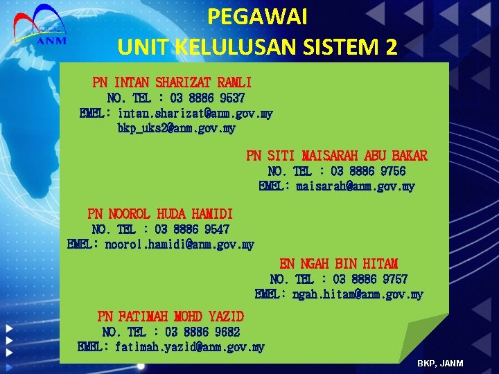 PEGAWAI UNIT KELULUSAN SISTEM 2 PN INTAN SHARIZAT RAMLI NO. TEL : 03 8886