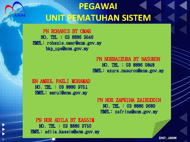 PEGAWAI UNIT PEMATUHAN SISTEM PN ROHANIS BT OMAR NO. TEL : 03 8886 9546