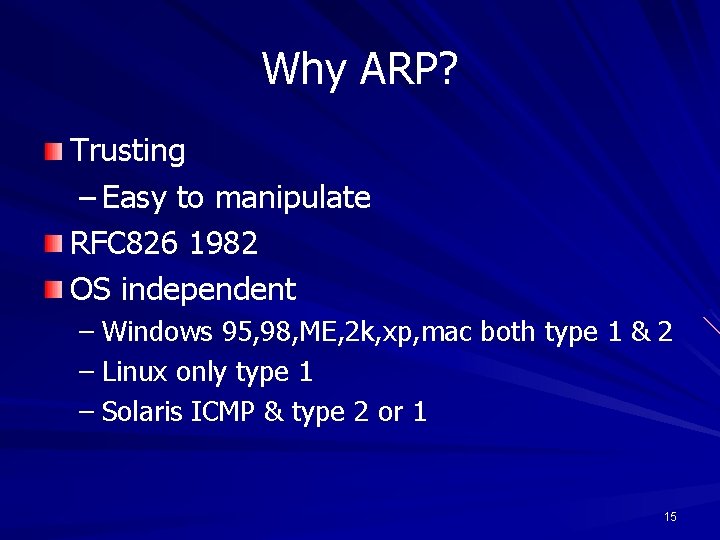 Why ARP? Trusting – Easy to manipulate RFC 826 1982 OS independent – Windows