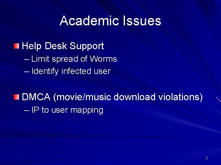 Academic Issues Help Desk Support – Limit spread of Worms – Identify infected user