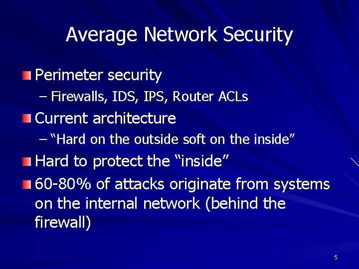Average Network Security Perimeter security – Firewalls, IDS, IPS, Router ACLs Current architecture –