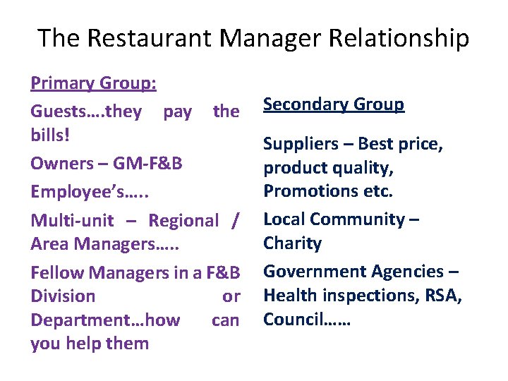 The Restaurant Manager Relationship Primary Group: Guests…. they pay the bills! Owners – GM-F&B The Restaurant Manager Relationship Primary Group: Guests…. they pay the bills! Owners – GM-F&B