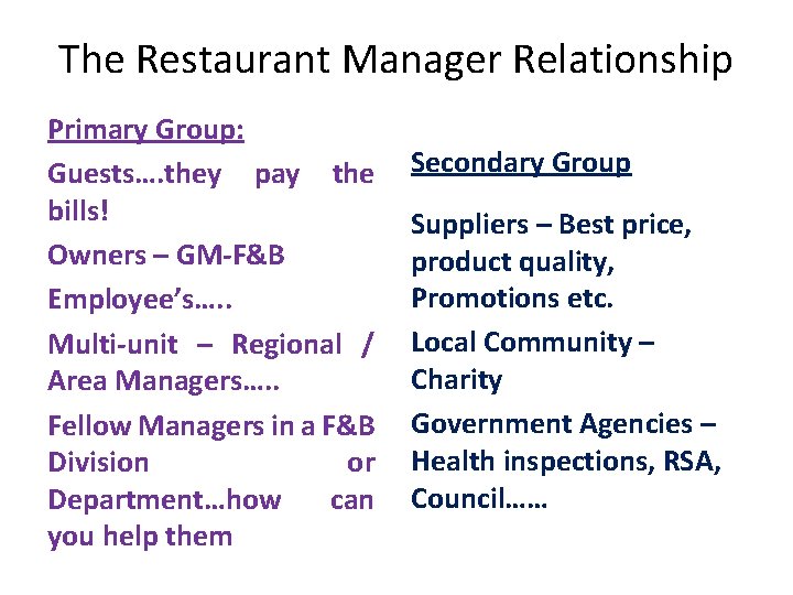 The Restaurant Manager Relationship Primary Group: Guests…. they pay the bills! Owners – GM-F&B