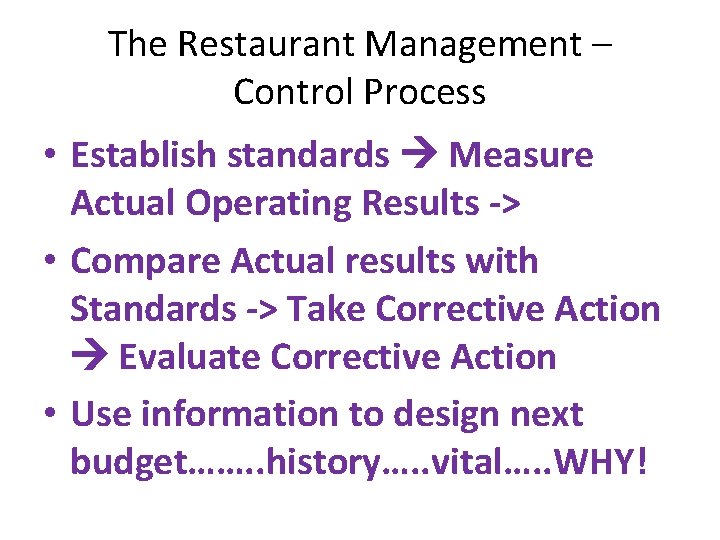 The Restaurant Management – Control Process • Establish standards Measure Actual Operating Results ->