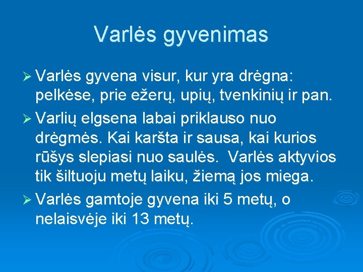 Varlės gyvenimas Ø Varlės gyvena visur, kur yra drėgna: pelkėse, prie ežerų, upių, tvenkinių