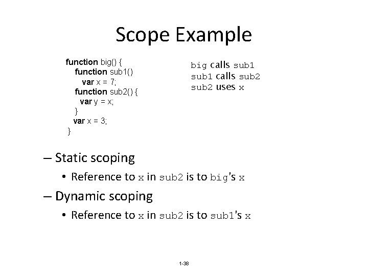 Scope Example function big() { function sub 1() var x = 7; function sub