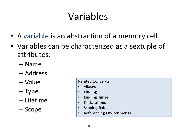 Variables • A variable is an abstraction of a memory cell • Variables can