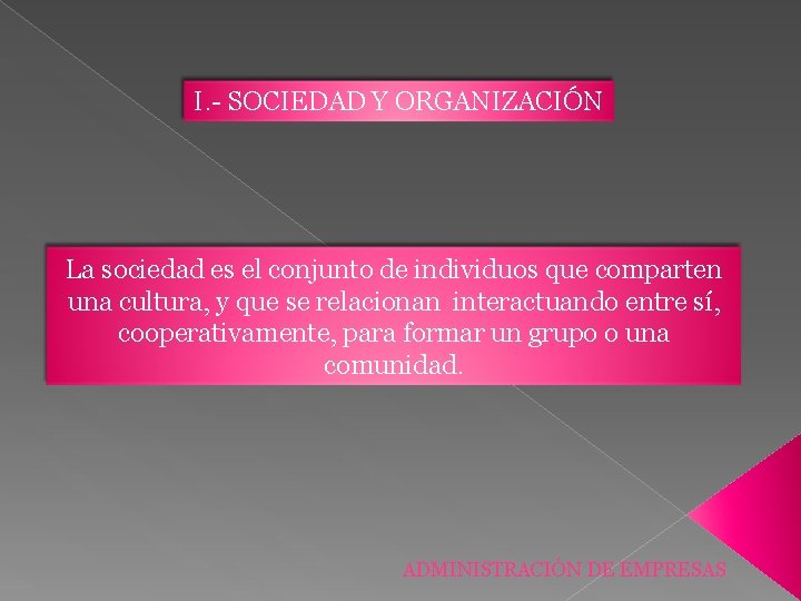 I. - SOCIEDAD Y ORGANIZACIÓN La sociedad es el conjunto de individuos que comparten