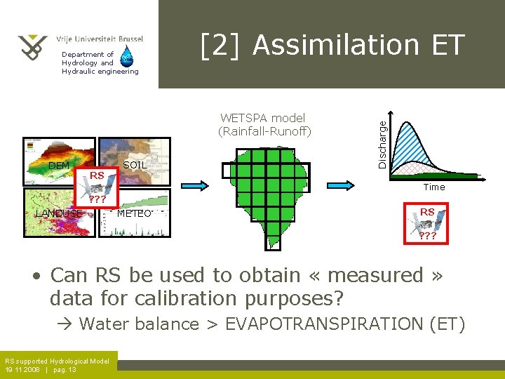 [2] Assimilation ET WETSPA model (Rainfall-Runoff) DEM RS SOIL Discharge Department of Hydrology and