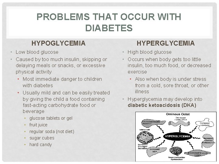 PROBLEMS THAT OCCUR WITH DIABETES HYPOGLYCEMIA • Low blood glucose • Caused by too