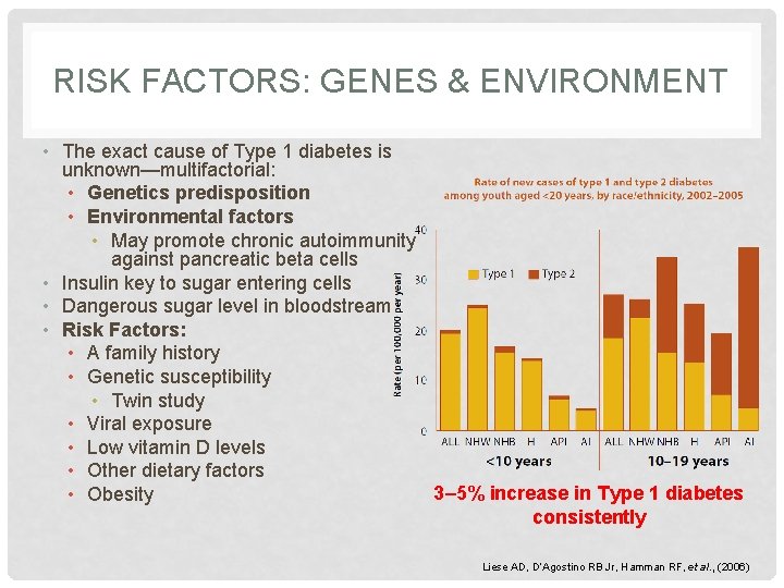 RISK FACTORS: GENES & ENVIRONMENT • The exact cause of Type 1 diabetes is