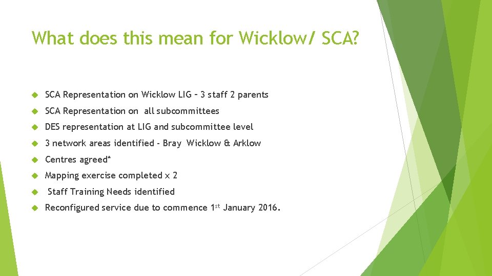 What does this mean for Wicklow/ SCA? SCA Representation on Wicklow LIG – 3