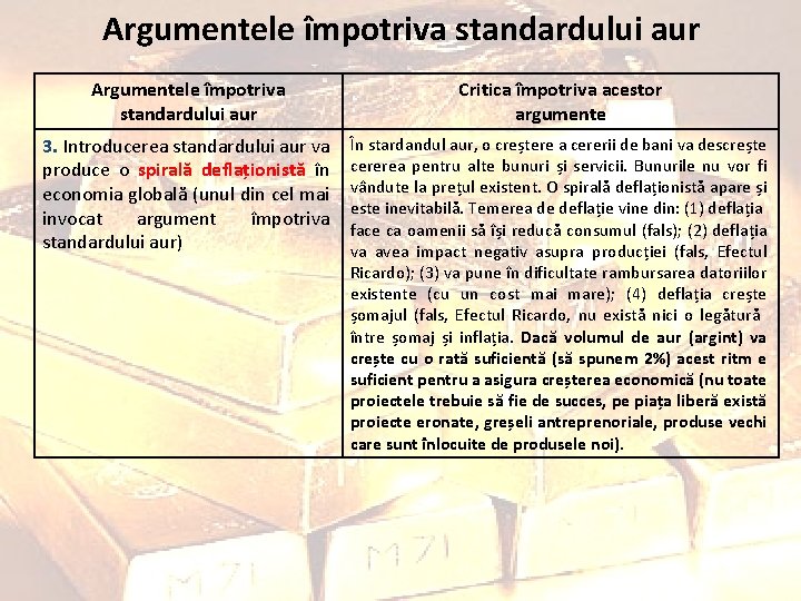 Argumentele împotriva standardului aur Critica împotriva acestor argumente 3. Introducerea standardului aur va produce