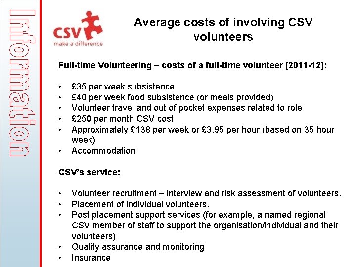 Average costs of involving CSV volunteers Full-time Volunteering – costs of a full-time volunteer