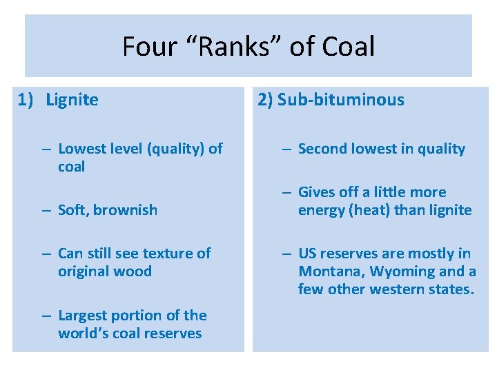 Four “Ranks” of Coal 1) Lignite – Lowest level (quality) of coal – Soft,